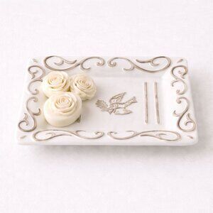 French Market Soap Dish European Ceramic Scroll Bird Vanity Tray Cottage Decor